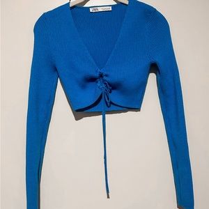 Zara Blue Ribbed Knit Long Sleeve Cropped Top -  Ruched Cut Out Knit Top